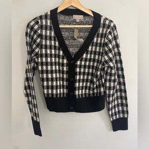 J Crew Cashmere Cropped V-neck Cardigan Sweater in Gingham Black White Cottage
